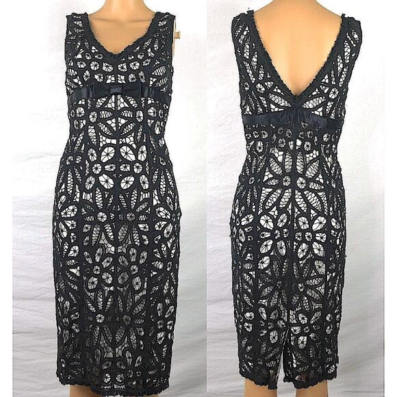 Betsey Johnson Crocheted Lace Overlay Sleeveless Dress Bow RIbbon Waist V Neck 2 - Picture 1 of 12